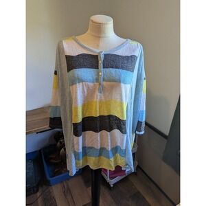 My‎ Story Striped Henley Top Womens L Gray Blue Yellow 3/4 Sleeve Casual Flowy
